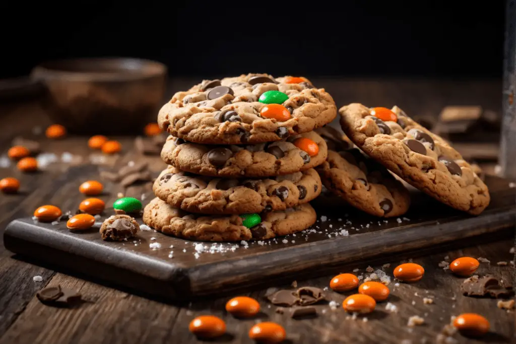 Reese's Pieces and chocolate chip cookies, soft and chewy, thick,