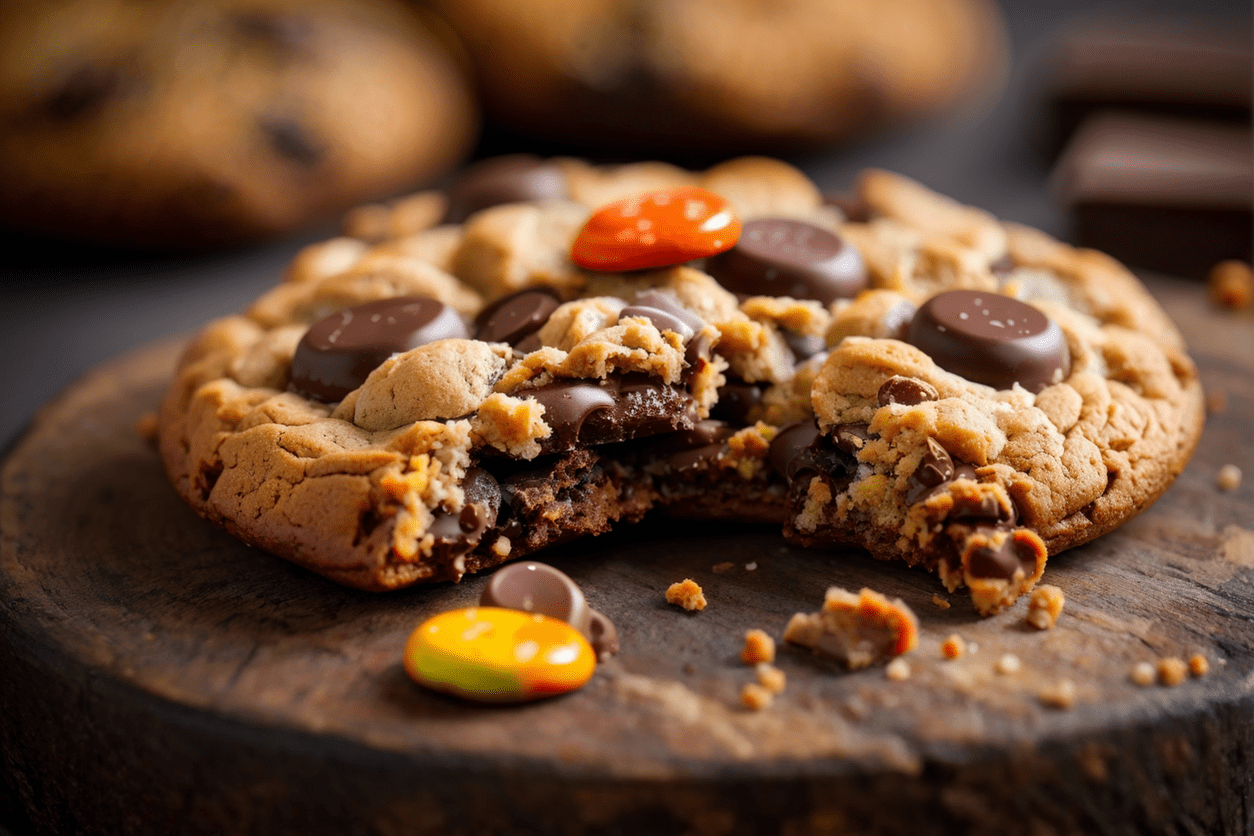 Reese's Pieces and chocolate chip cookies, soft and chewy, thick,