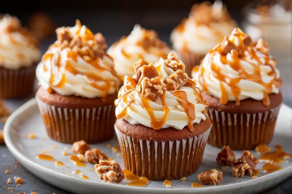 Sprinkling toffee crunch pieces on frosted cupcakes, beautifully arranged on a decorative plate for a delicious presentation.