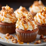 Sprinkling toffee crunch pieces on frosted cupcakes, beautifully arranged on a decorative plate for a delicious presentation.