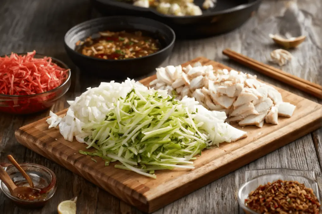 Chopped cabbage, sliced chicken, minced garlic, and ginger on a cutting board, with soy sauce and sesame oil nearby, ready for stir-fry preparation.