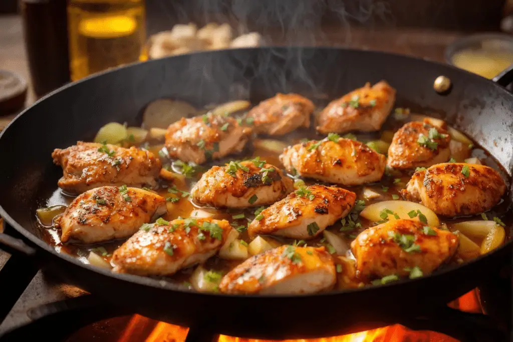 Chicken slices cooking in a hot wok with garlic and ginger, creating a golden-brown sear, with sesame oil visible in the background.