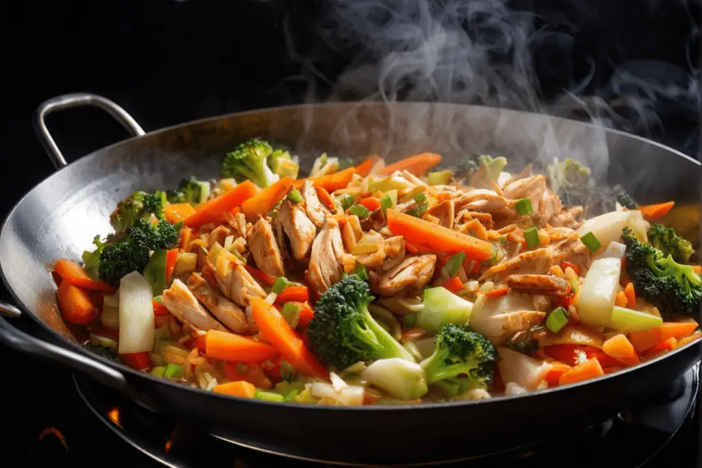 Fresh cabbage and carrots stir-frying with chicken in a wok, steam rising as the vegetables soften and mix together.