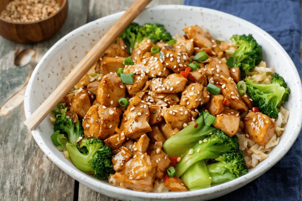 Sesame ginger chicken cabbage stir-fry garnished with sesame seeds and green onions, served in a bowl with chopsticks.