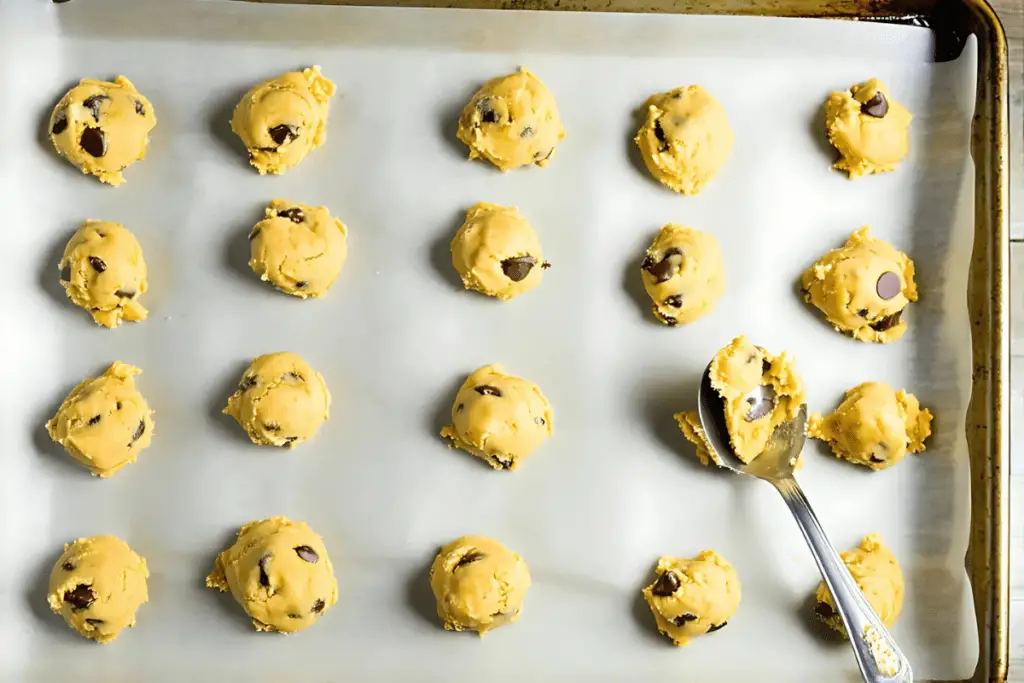 Scooped butterbeer cookie dough neatly arranged on a parchment-lined baking sheet, ready to be baked into golden, chewy cookies.