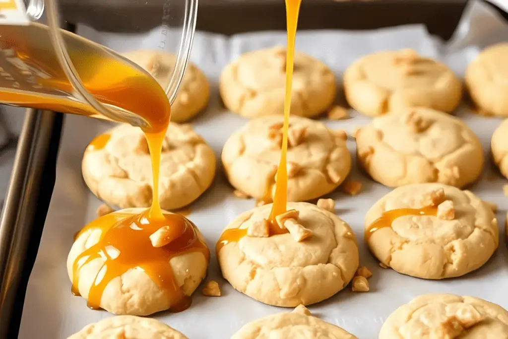 Butterbeer cookies drizzled with caramel and sprinkled with toffee bits, arranged on a plate for a magical, sweet treat.