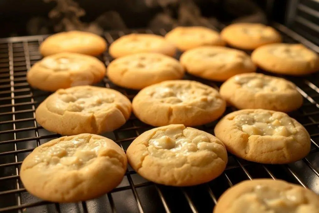 Freshly baked butterbeer cookies cooling on a wire rack, golden brown and slightly crisp on the edges with a soft center.