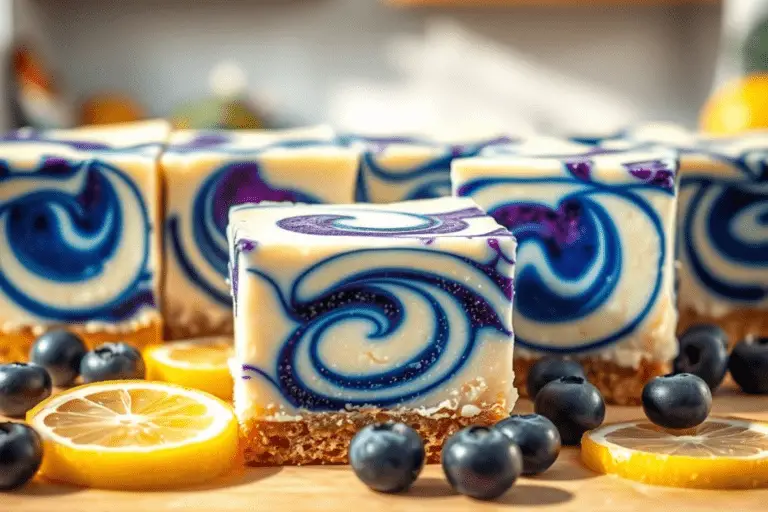 Blueberry lemon cheesecake bars sliced into squares, showcasing vibrant blue swirls, garnished with fresh blueberries and lemon zest.