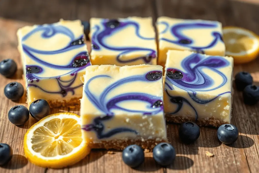 Blueberry lemon cheesecake bars sliced into squares, showcasing vibrant blue swirls, garnished with fresh blueberries and lemon zest.