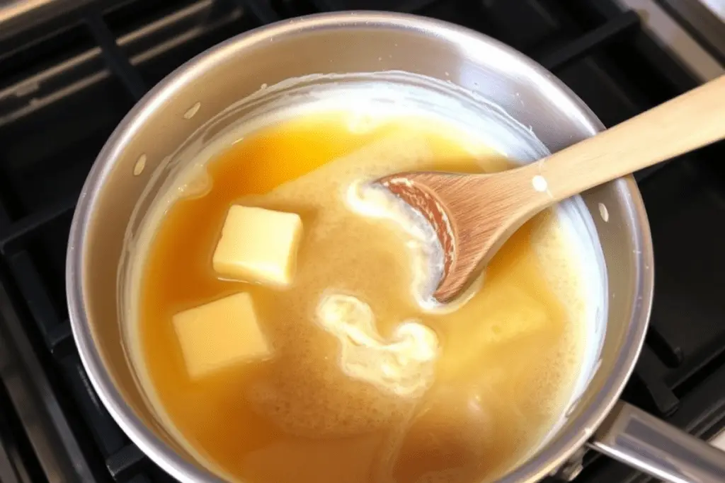 Rich butter, brown sugar, and cream soda simmering in a saucepan, forming the perfect creamy butterbeer base.