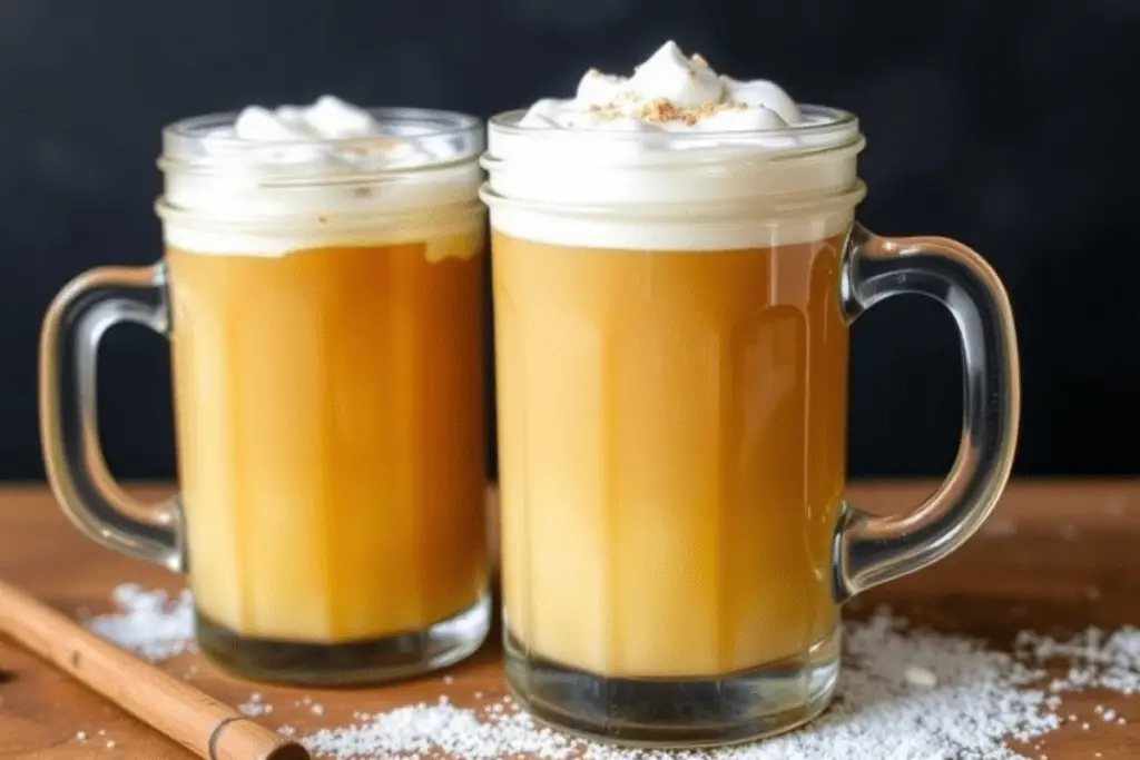 Two glasses of homemade Butterbeer and Butterscotch syrups on a rustic kitchen counter, with magical Harry Potter-inspired details in the background.







