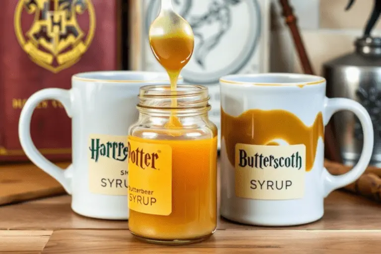 Two mugs and a small glass jar filled with Harry Potter-inspired syrups—one labeled Butterbeer Syrup, with a creamy golden-brown hue, and the other labeled Butterscotch Syrup, rich and glossy. The syrup drizzles from a spoon into one of the mugs, creating a warm and inviting feel. The setting is a cozy wooden kitchen counter, with subtle Harry Potter-themed elements like a Hogwarts crest, an old spellbook, or a wizard’s wand placed in the background for a magical touch.