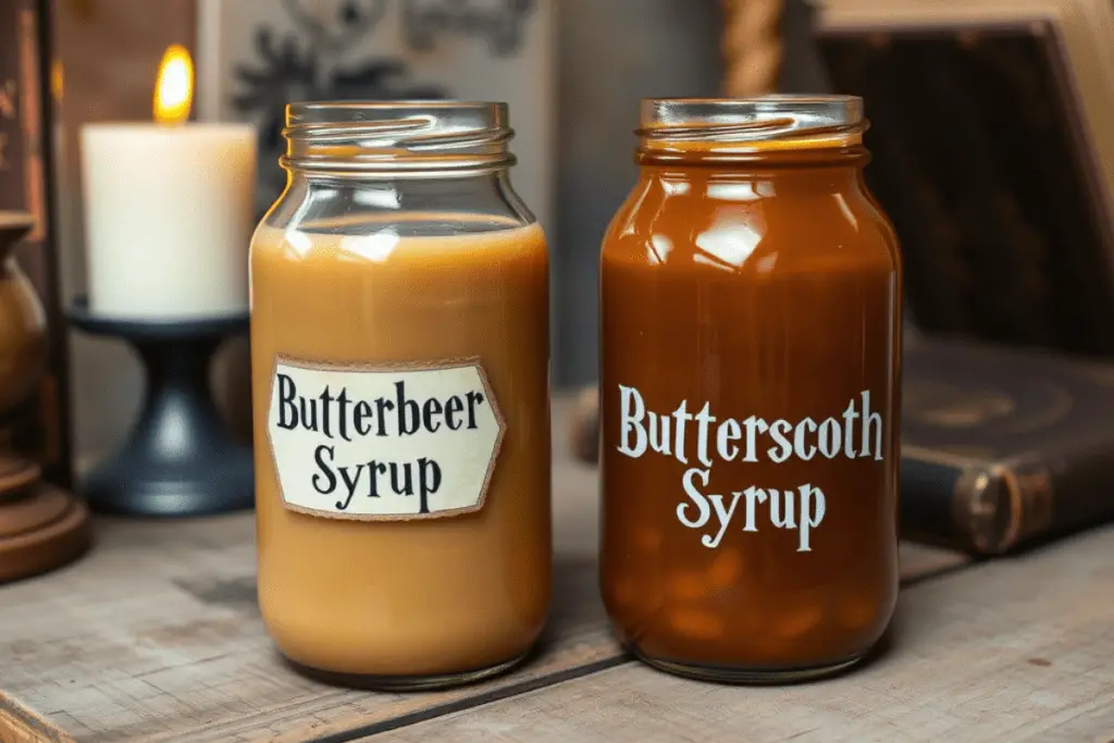 Two jars and a small glass jar filled with Harry Potter-inspired syrups—one labeled Butterbeer Syrup, with a creamy golden-brown hue, and the other labeled Butterscotch Syrup, rich and glossy. The syrup drizzles from a spoon into one of the mugs, creating a warm and inviting feel. The setting is a cozy wooden kitchen counter, with subtle Harry Potter-themed elements like a Hogwarts crest, an old spellbook, or a wizard’s wand placed in the background for a magical touch.