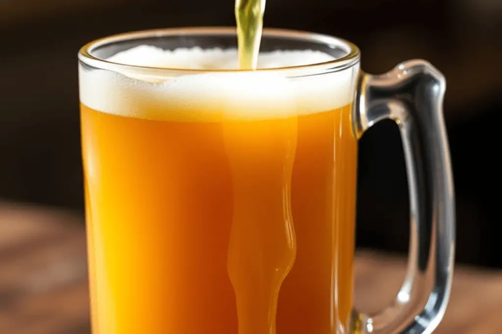 Warm, frothy butterbeer being poured into a clear glass mug, capturing the essence of the magical Harry Potter drink.