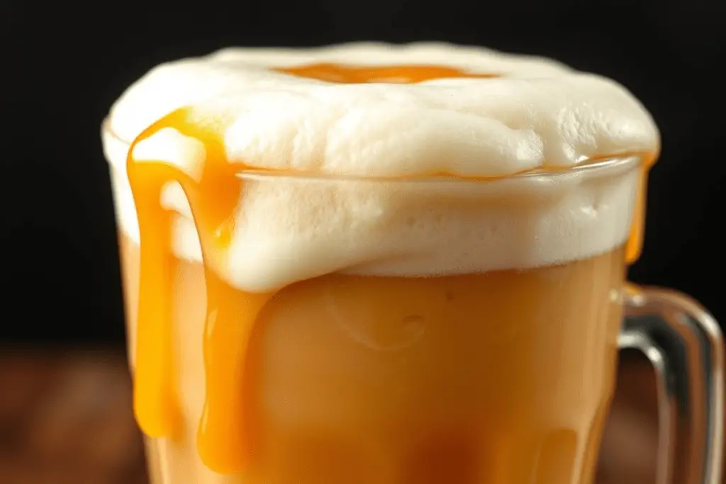 A creamy layer of butterscotch foam and syrup topping a classic butterbeer mug, creating a rich and indulgent finish.