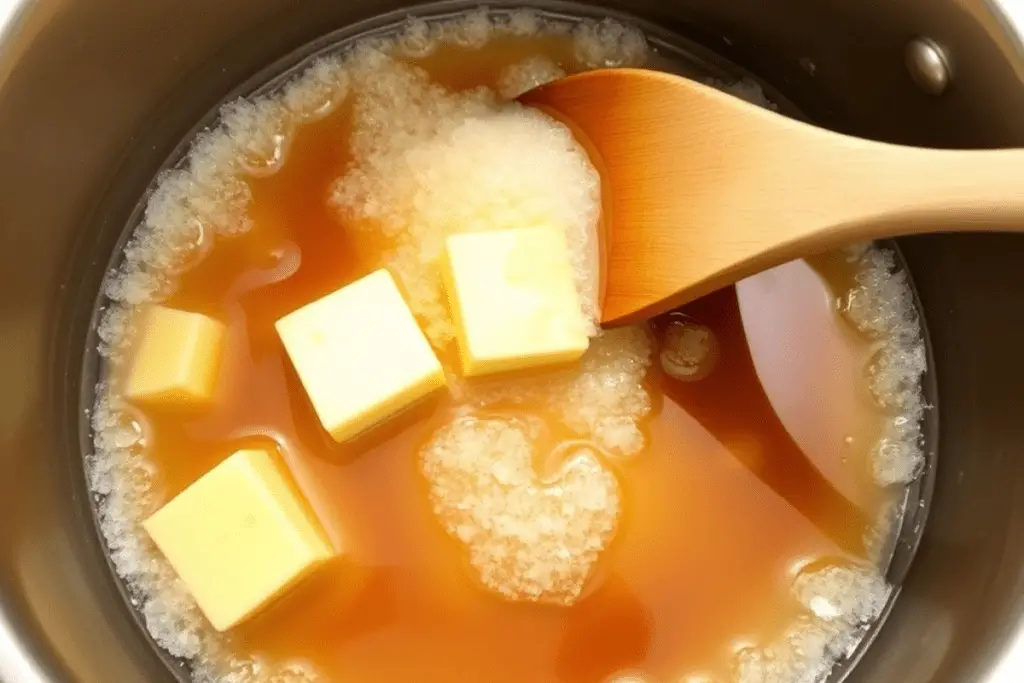 Butter and brown sugar melting in a saucepan, forming the golden base for homemade butterscotch syrup.