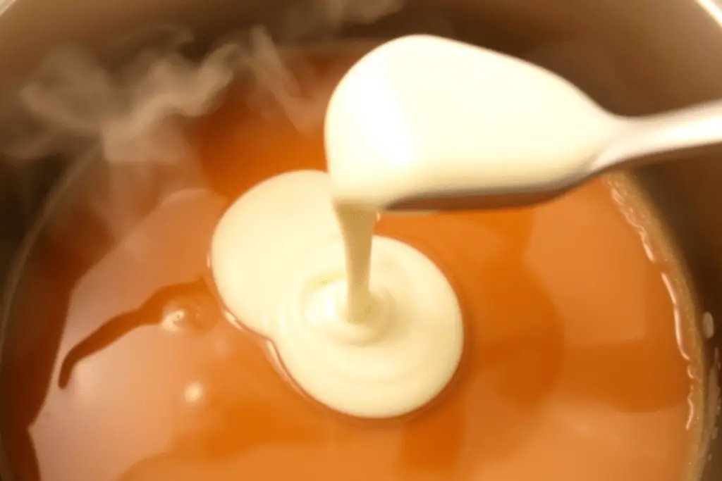 Warm heavy cream poured into a rich caramel mixture, transforming it into silky butterscotch syrup.