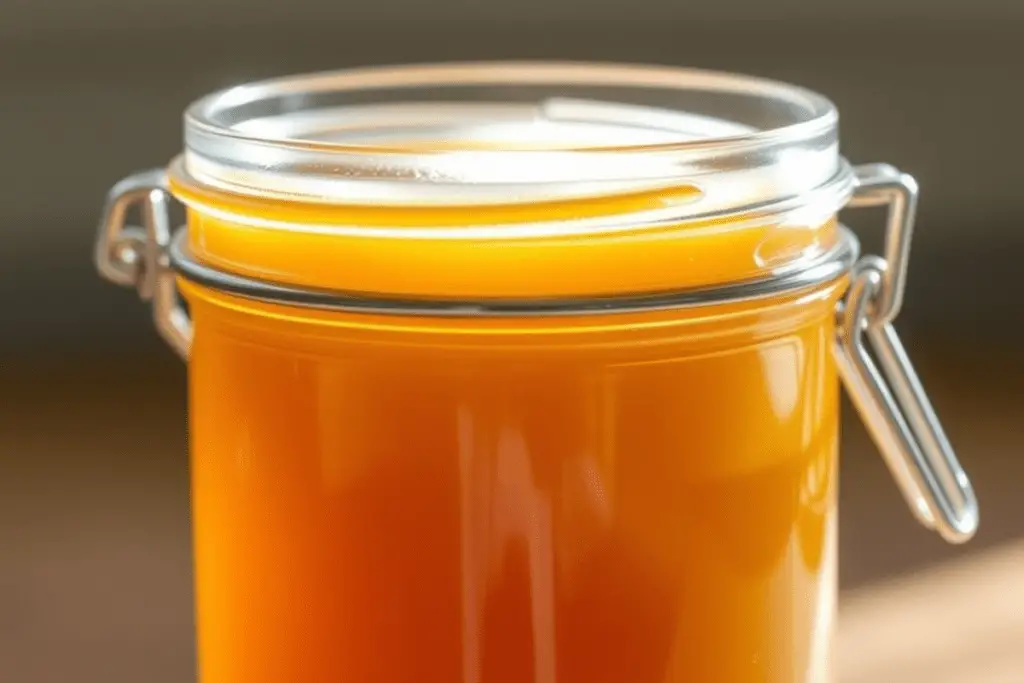 A glass jar filled with homemade butterscotch syrup, perfect for drizzling over butterbeer, pancakes, and desserts.