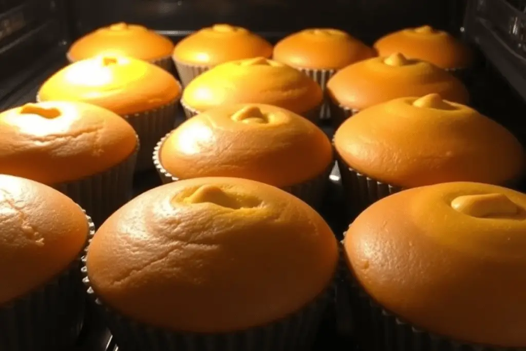 Golden butterscotch sponge cakes baking in the oven, filling the kitchen with the warm aroma of butterbeer and caramel.