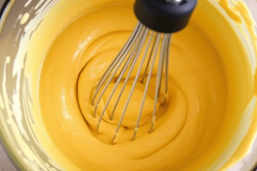 Creamy butterscotch butterbeer cake batter being mixed, creating the perfect base for a moist and flavorful layer cake.