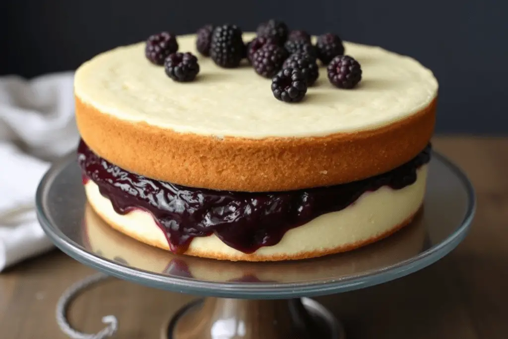 Layers of butterscotch butterbeer cake stacked with luscious blackberry filling, creating a rich and magical dessert.