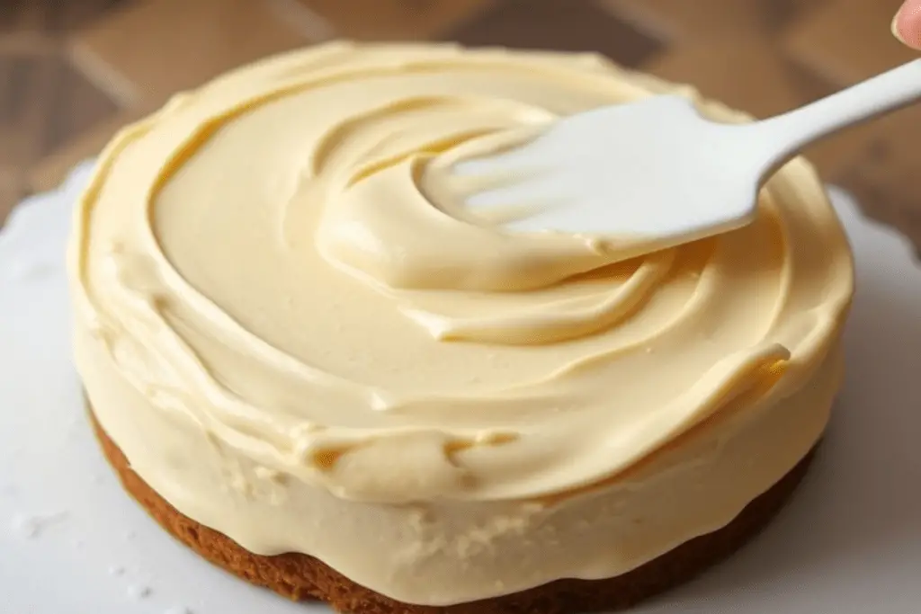 Velvety butterbeer frosting being spread over a layered cake, creating a smooth and indulgent finish.