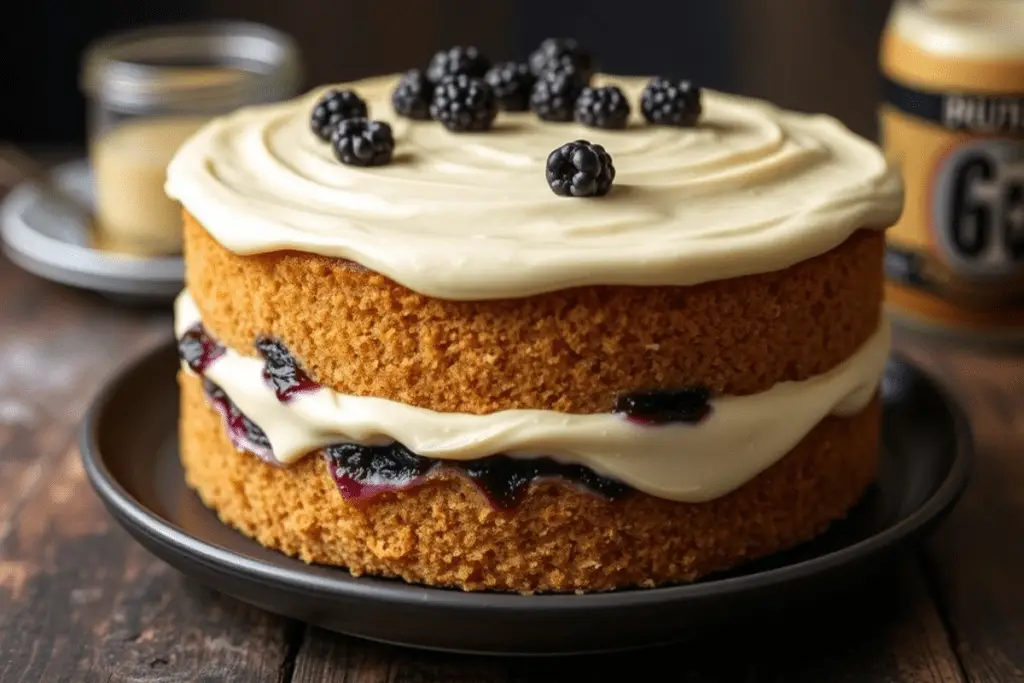 Forbidden Forest butterbeer cake decorated with dark chocolate trees, glossy blackberries, and a caramel drizzle, capturing the magic of the wizarding world.