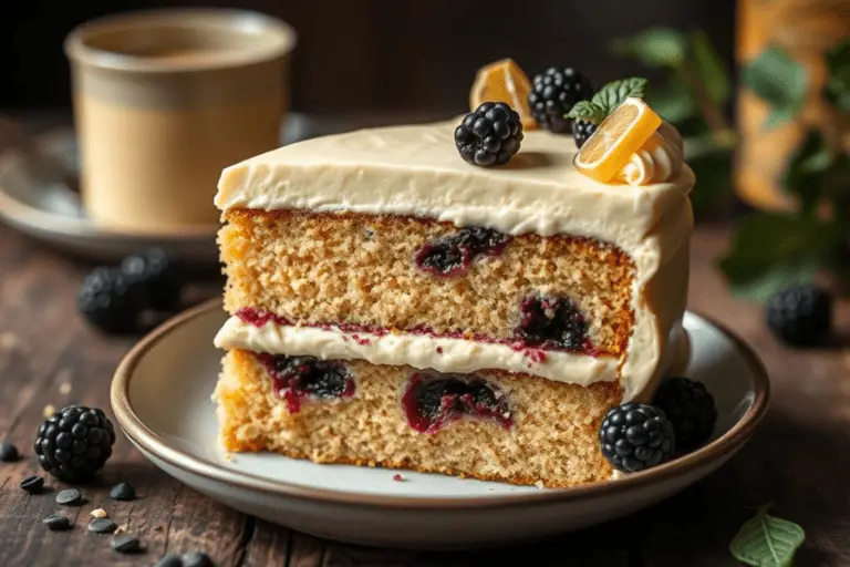 Forbidden Forest butterbeer cake decorated with dark chocolate trees, glossy blackberries, and a caramel drizzle, capturing the magic of the wizarding world.