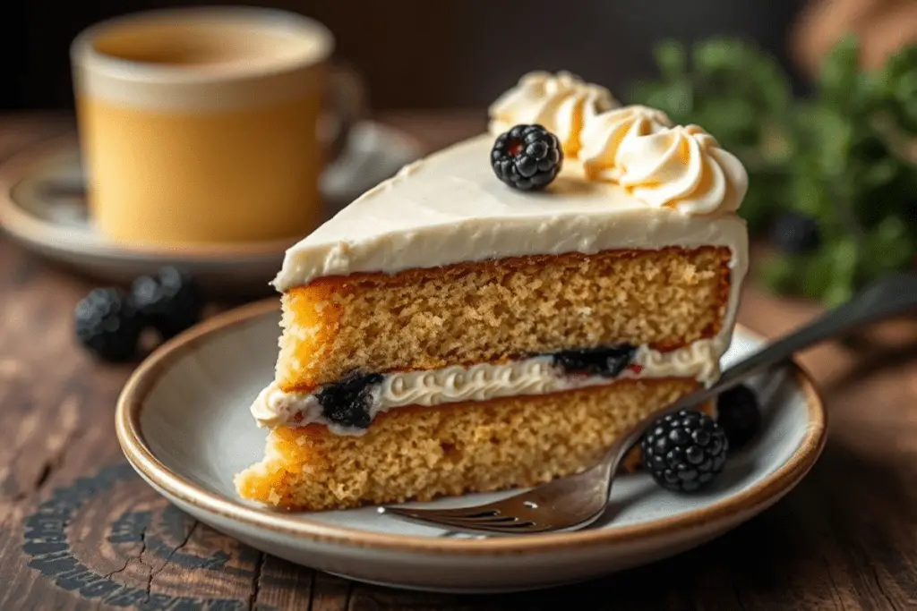 Forbidden Forest butterbeer cake decorated with dark chocolate trees, glossy blackberries, and a caramel drizzle, capturing the magic of the wizarding world.