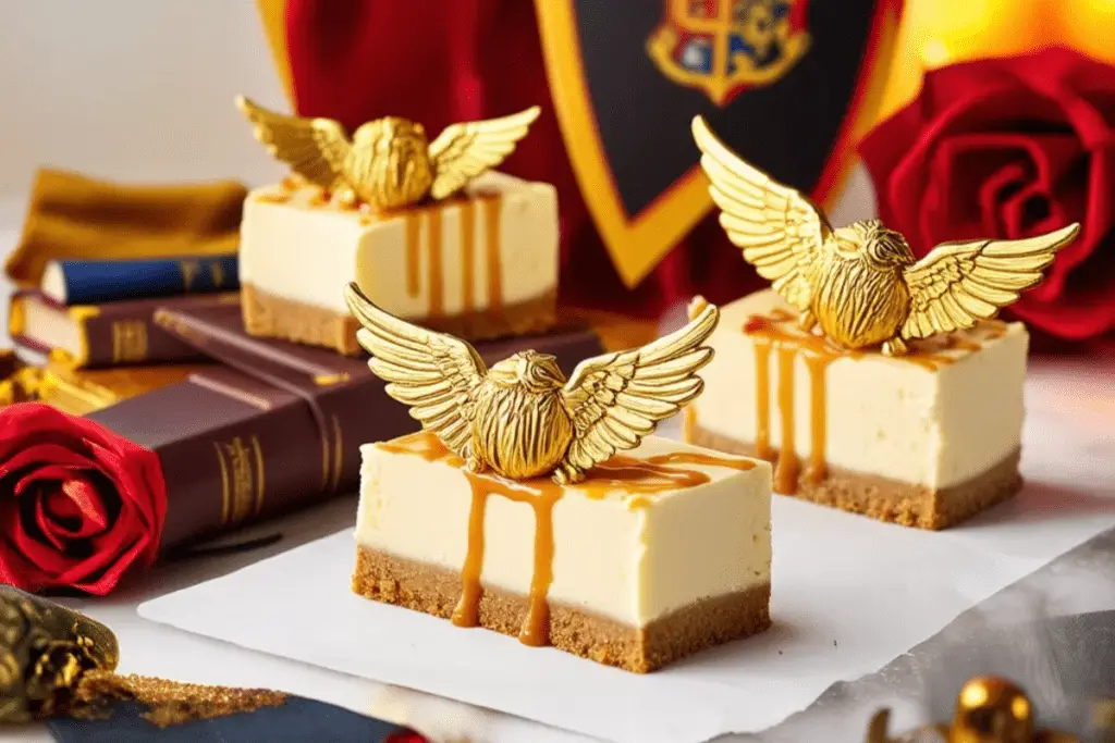 Golden Snitch cheesecake bars with caramel swirls, topped with shimmering edible wings, displayed on a Harry Potter-themed dessert table with magical decor.