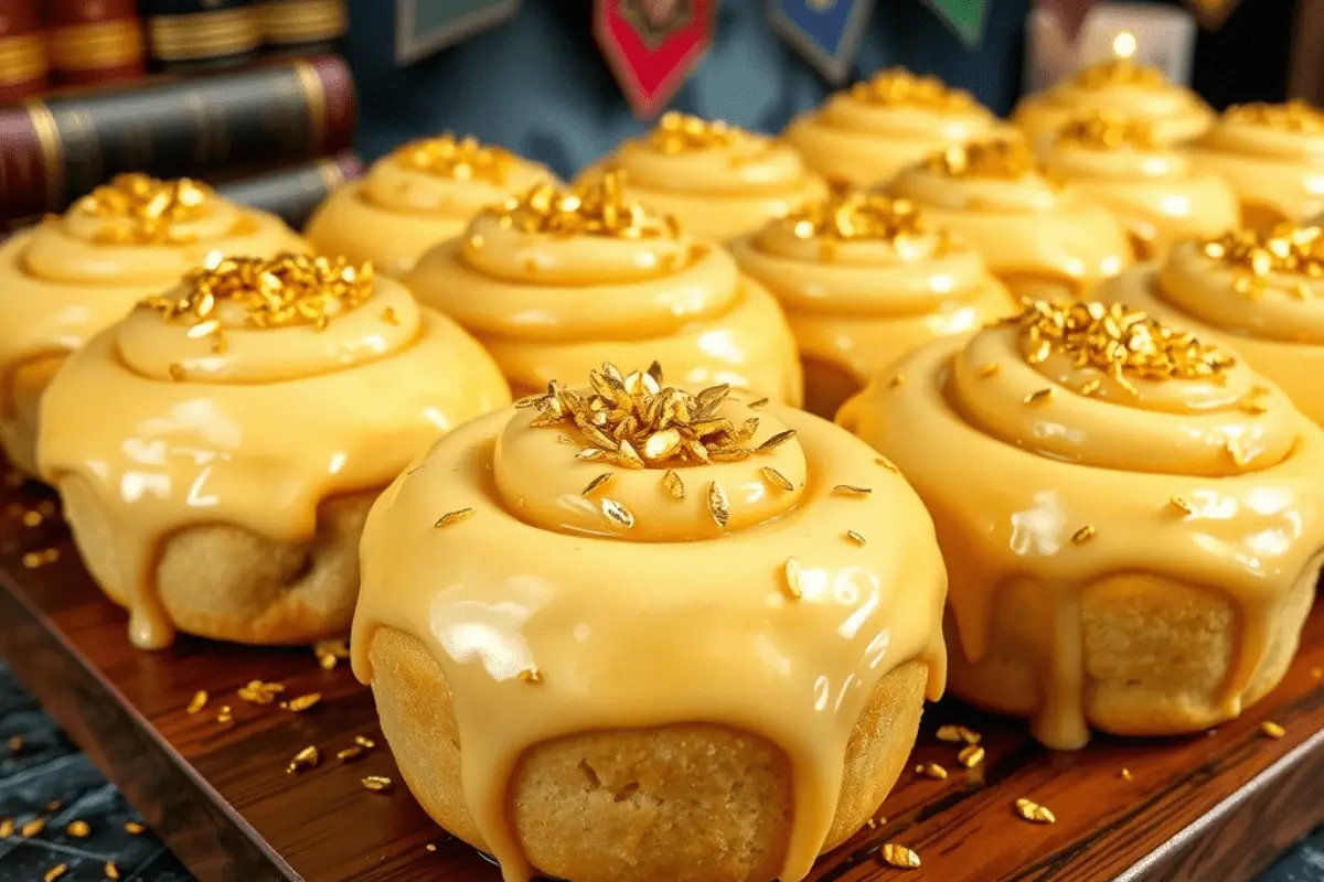 Butterscotch cream cheese frosting being spread over warm Golden Snitch rolls, creating a rich, creamy glaze.