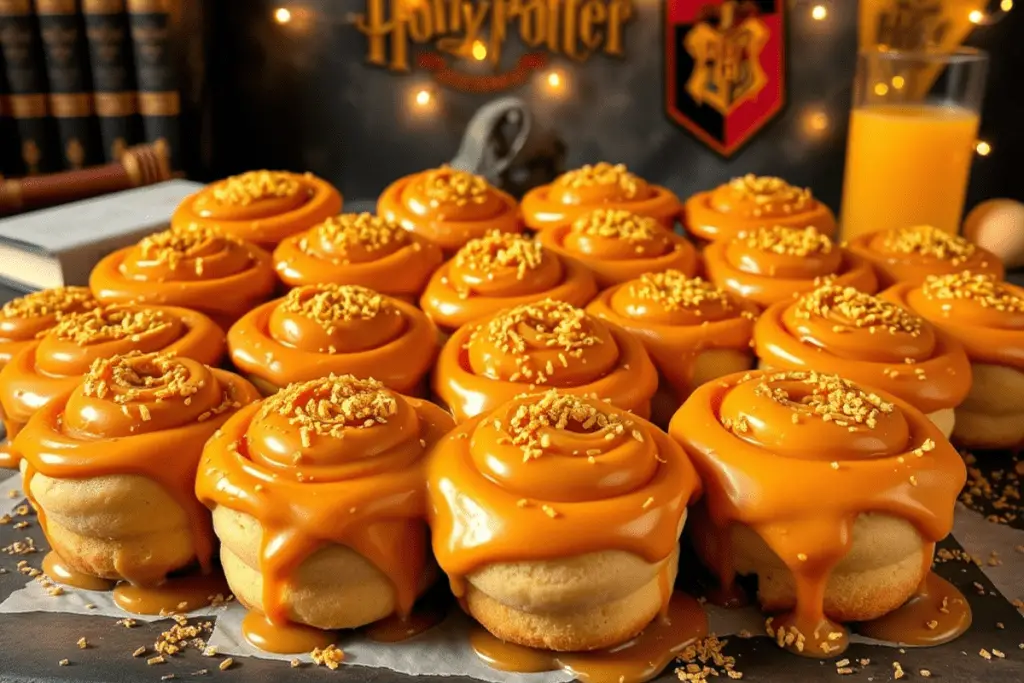 Golden Snitch rolls topped with shimmering edible wings, set on a magical wizarding-themed dessert table with enchanting decorations.