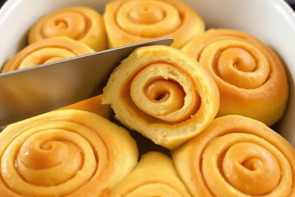 Freshly sliced butterscotch-filled dough spirals being arranged in a baking dish, ready to bake into soft and golden rolls.