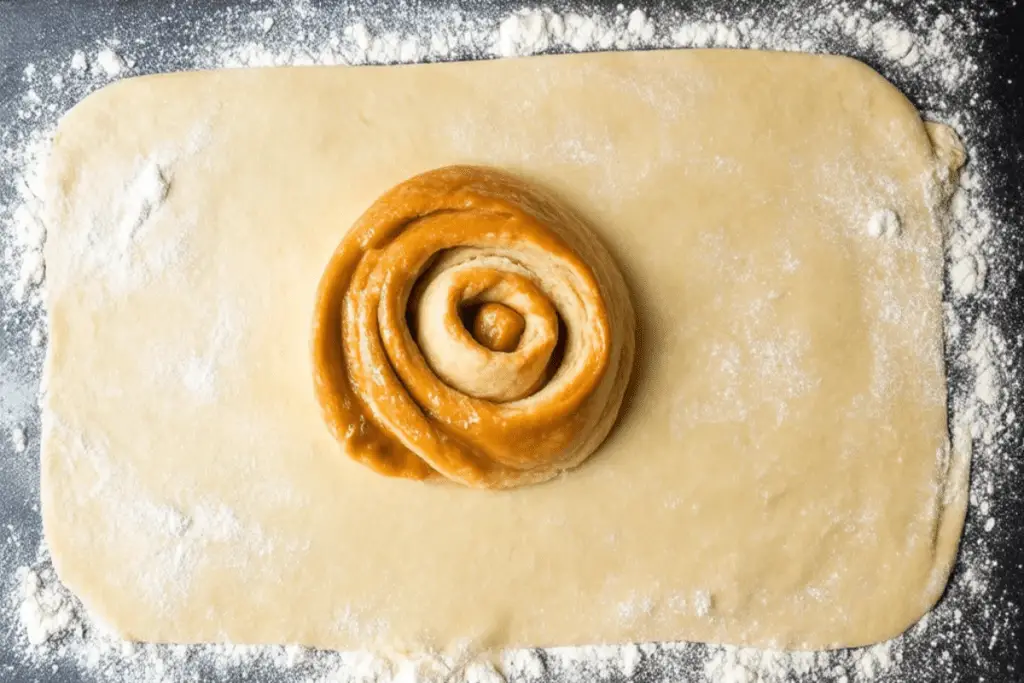 Dough rolled out and spread with rich butterscotch filling, carefully being rolled into a spiral for Golden Snitch rolls.