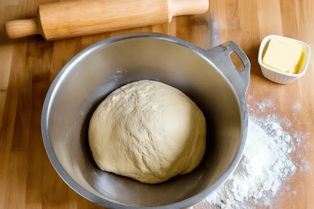 Buttery dough being kneaded in a bowl, with flour, a rolling pin, and butter nearby, ready to make soft Golden Snitch rolls.