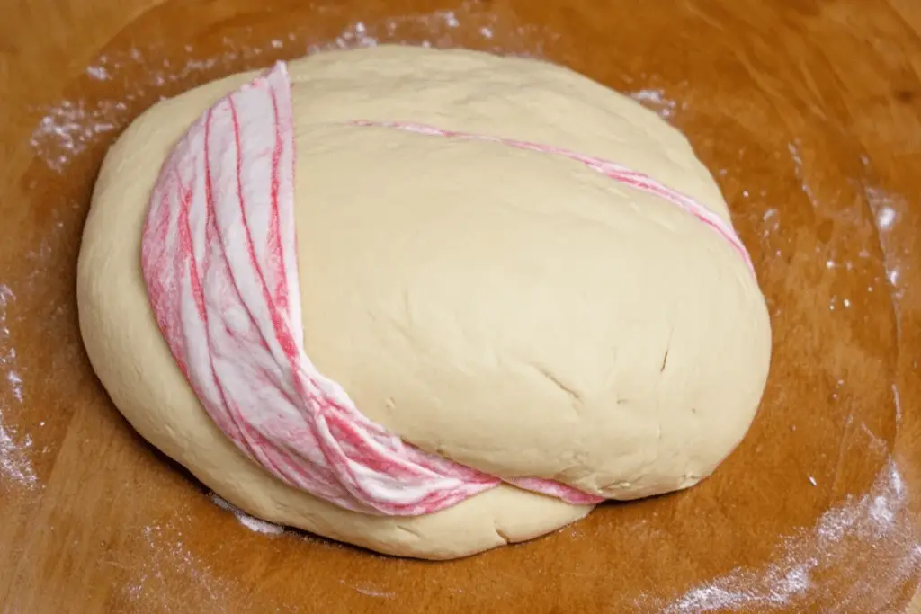 Red and yellow butterbeer cookie dough twisted and shaped into swirled spirals on parchment paper, capturing Gryffindor house colors.