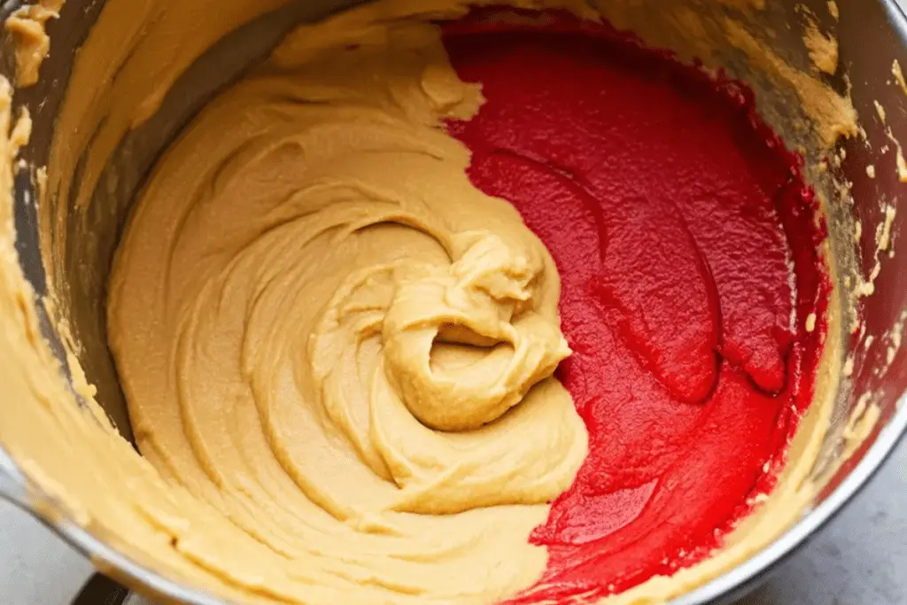 Butterbeer cookie dough separated into red and yellow portions in a wooden bowl, set in a Gryffindor-themed kitchen with a cozy fireplace.