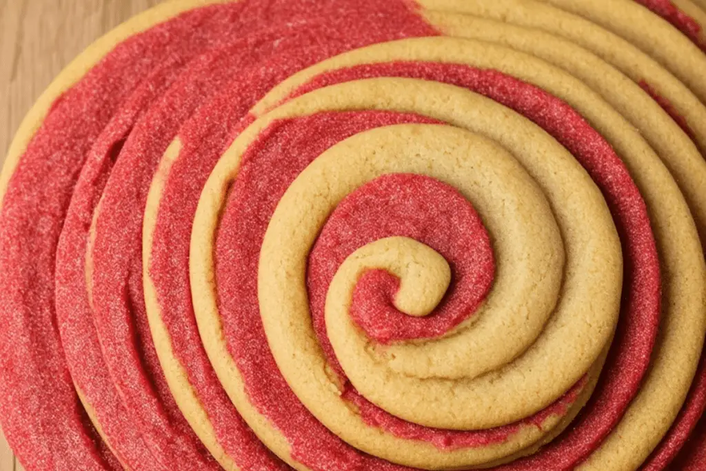 Red and yellow butterbeer cookie dough twisted and shaped into swirled spirals on parchment paper, capturing Gryffindor house colors.