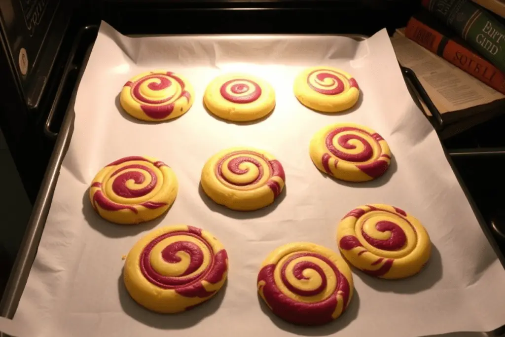 Gryffindor swirl butterbeer cookies baking on a parchment-lined tray, fresh out of the oven with golden edges and a soft texture.