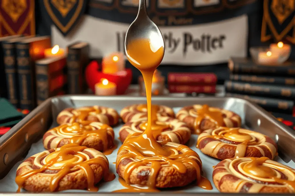 Gryffindor swirl butterbeer cookies drizzled with glossy caramel, set on a magical dessert table with Hogwarts-themed decor.