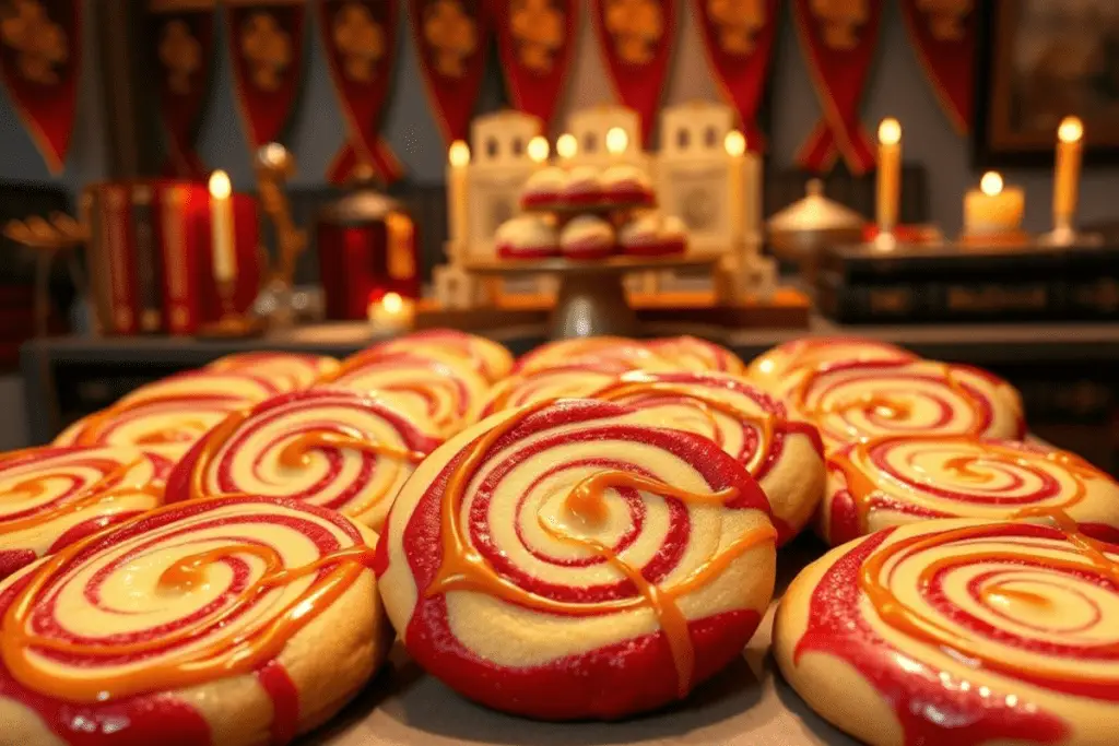 Gryffindor swirl butterbeer cookies drizzled with glossy caramel, set on a magical dessert table with Hogwarts-themed decor.