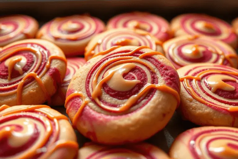 Gryffindor swirl butterbeer cookies drizzled with glossy caramel, set on a magical dessert table with Hogwarts-themed decor.