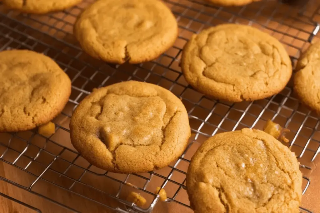 Freshly baked butterbeer cookies cooling on a rack, golden brown with a soft center, filling the kitchen with a rich, caramel aroma.