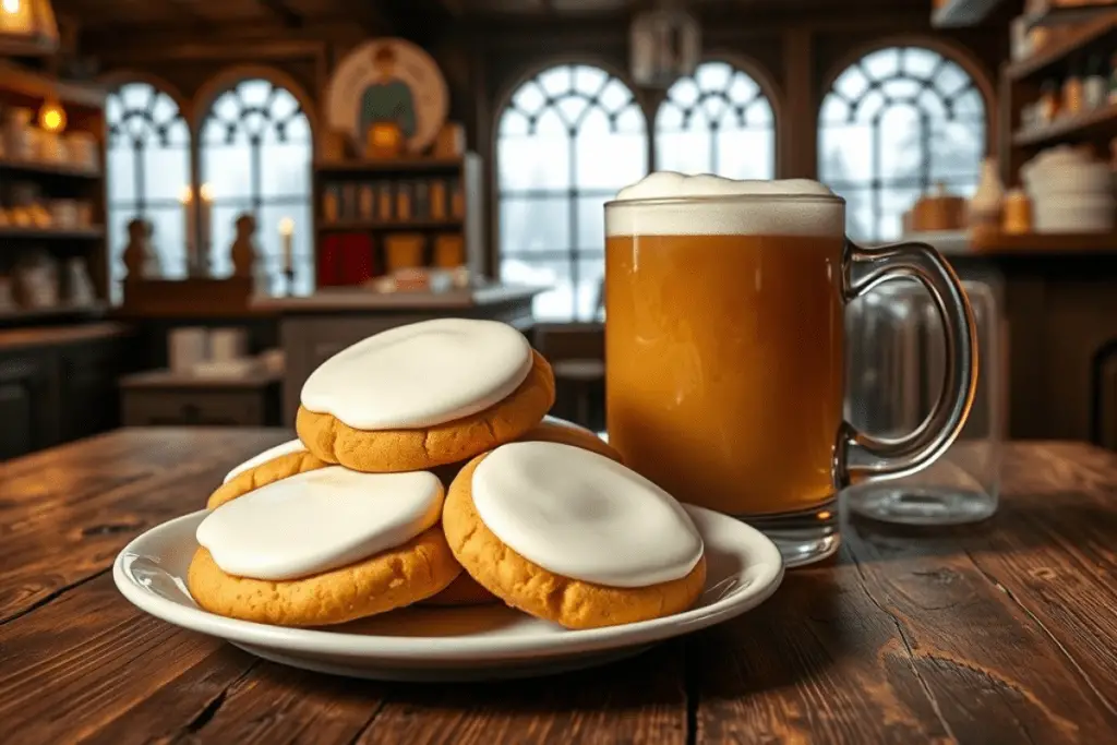 Hogsmeade Butterbeer Cookies with smooth white icing on a rustic table inside a cozy Hogsmeade bakery, surrounded by magical treats and a steaming butterbeer.