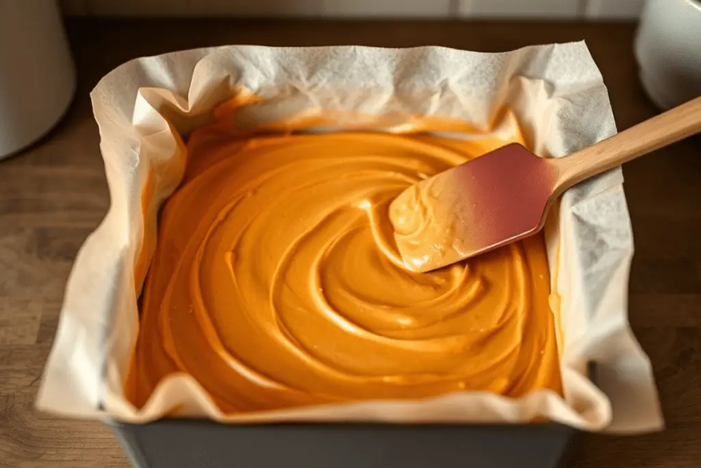 Warm butterbeer fudge being poured into a parchment-lined pan and spread evenly for a smooth, golden finish.