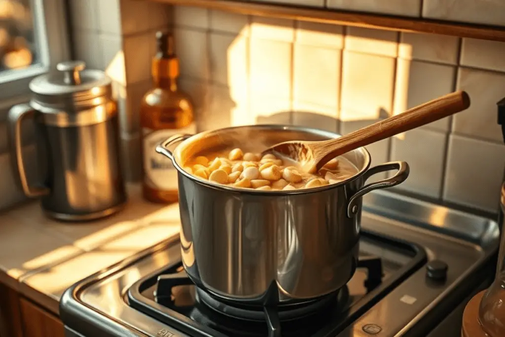 A saucepan filled with melted butterscotch and white chocolate fudge being stirred into a smooth, creamy mixture.