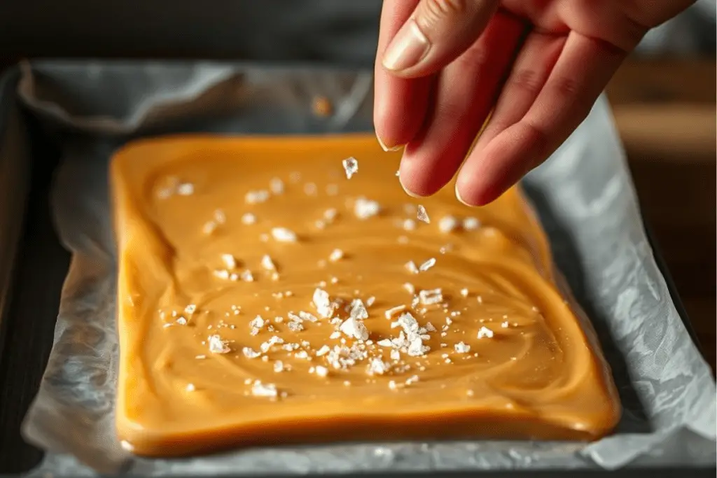 A hand sprinkling flaky sea salt over creamy butterbeer fudge, adding a gourmet finishing touch.