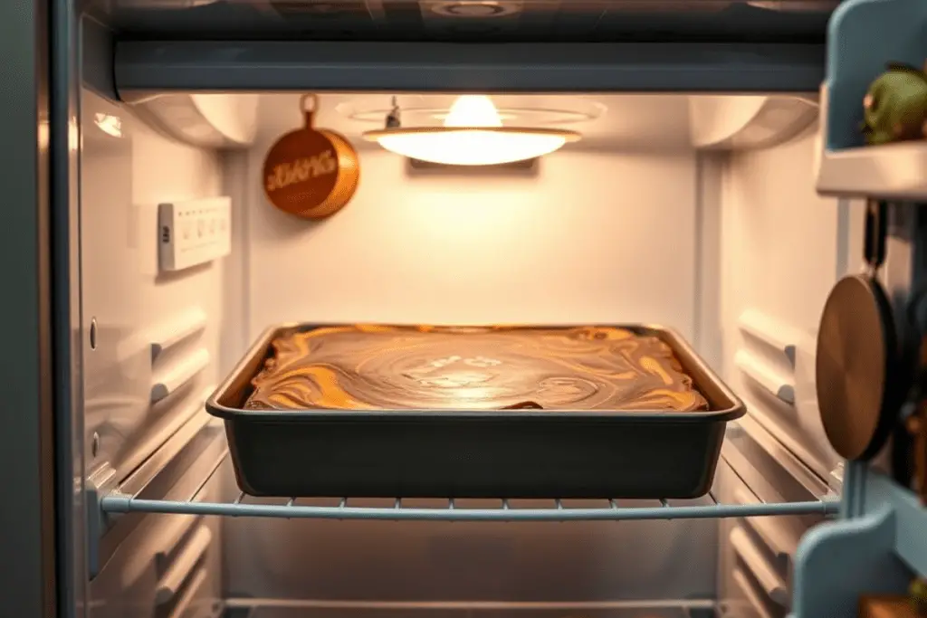 A tray of butterbeer fudge chilling in the refrigerator, firming up to achieve a smooth and creamy consistency.