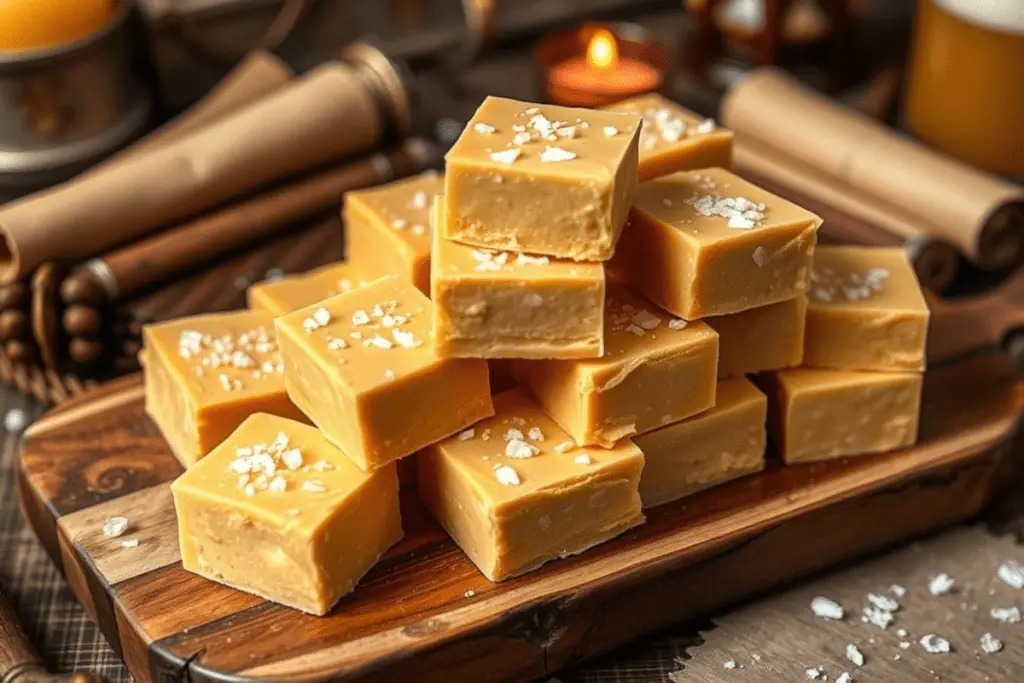 Butterbeer fudge squares displayed on a golden platter, surrounded by cauldrons, Hogwarts house scarves, and flickering candlelight for a magical presentation.