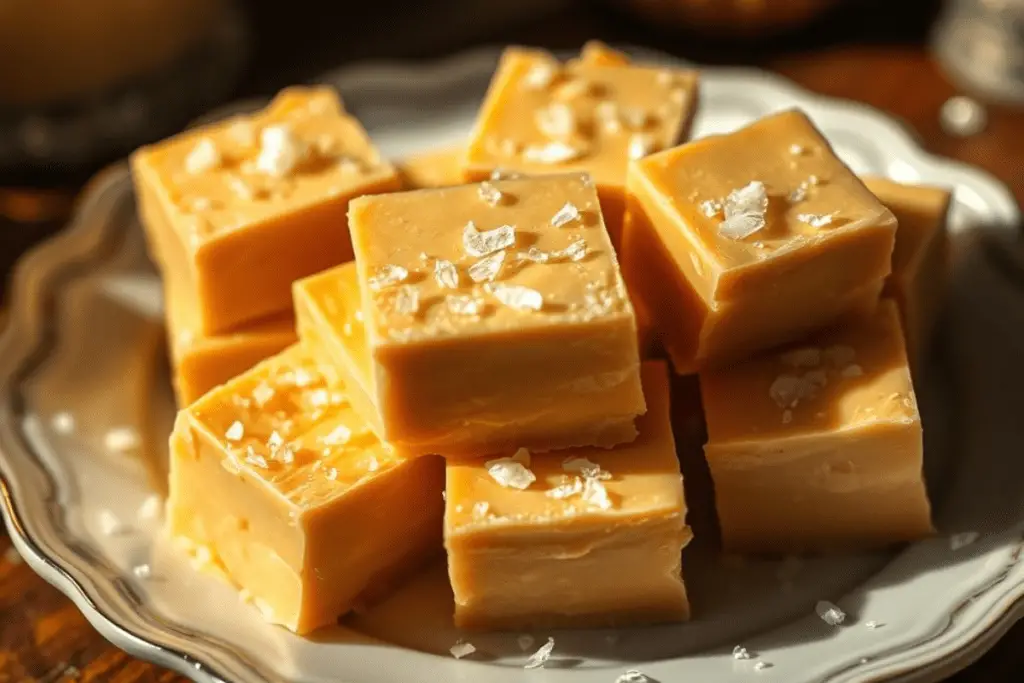 Butterbeer fudge squares displayed on a golden platter, surrounded by cauldrons, Hogwarts house scarves, and flickering candlelight for a magical presentation.